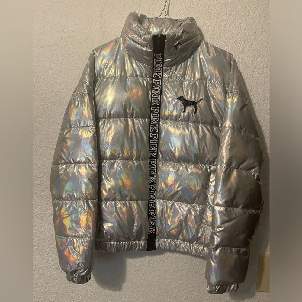 Limited release PINK Victoria’s Secret holographic puffer jacket sz S - Picture 3 of 11